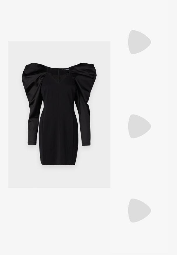 Rochie neagră cu mâneci lungi din satin umflate, decolteu în V și siluetă ajustată; are un fermoar la spate și o textură fină.; Sandale slingback din piele neagră cu vârf ascuțit, având un toc subțire și un accent de culoare aurie pe curea ajustabilă. Textură netedă.; Geantă de umăr din piele neagră, cu un design structurat, având o formă tăiată, mânere superioare și accente din aur. Include o curea de umăr ajustabilă.; Cercei din argint, cu un design neted și curbat. Prezintă o finisare metalică strălucitoare și închidere cu stud. Fără modele sau accente vizibile.