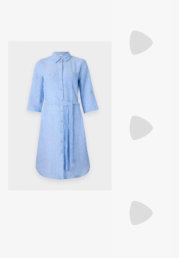Light blue linen shirt dress with a collared neck, button front, long sleeves, and a matching waist belt. Features a single chest pocket.; Pointed-toe high heel shoe with a silver, gold, and nude color scheme. Glossy finish with cutout design, featuring a stiletto heel.; Silver metallic pouch bag with a soft, rounded shape and a knotted top closure. Made from smooth faux leather material.; Silver hoop earrings with a twisted design, featuring a polished finish and post-back closure. Measure approximately 3 cm in diameter.