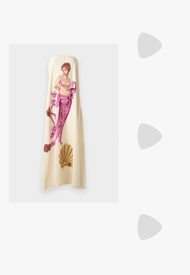 Strapless cream dress featuring a large, colorful illustration of a classical figure with floral accents in pink and brown, showcasing a flowing design.; Black patent leather slingback heels with a pointed toe and a geometric block heel. Features a sleek, minimal design and smooth texture.; White leather handbag with a structured design, featuring a magnetic clasp and a shoulder strap, showcased against a neutral background.; Gold-tone ring featuring an organic, twisted design with smooth texture and tapered ends, creating a modern, sculptural appearance.