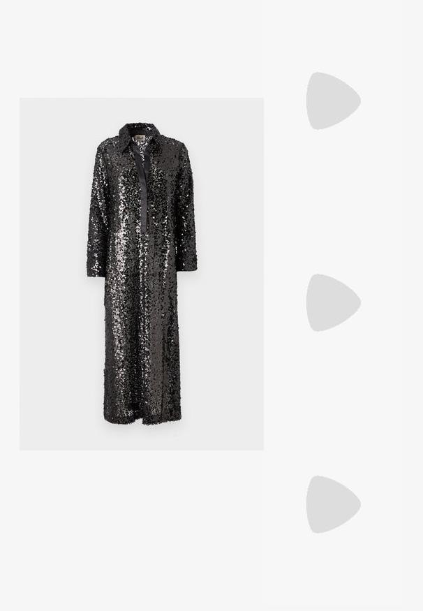 Black sequin long shirt dress with a collared neckline and button-down front, featuring long sleeves and a smooth satin trim.; Gold heeled sandals with a knotted front, pleated texture, and an ankle strap. The block heel has a ribbed design, enhancing grip.; Black leather bucket bag with a textured finish, gold hardware accents, and an open top. Features a short handle and adjustable shoulder strap.; Gold-tone metal hoop earrings with a curved, elongated shape. Features a smooth, shiny surface and a rounded tip for added detail.