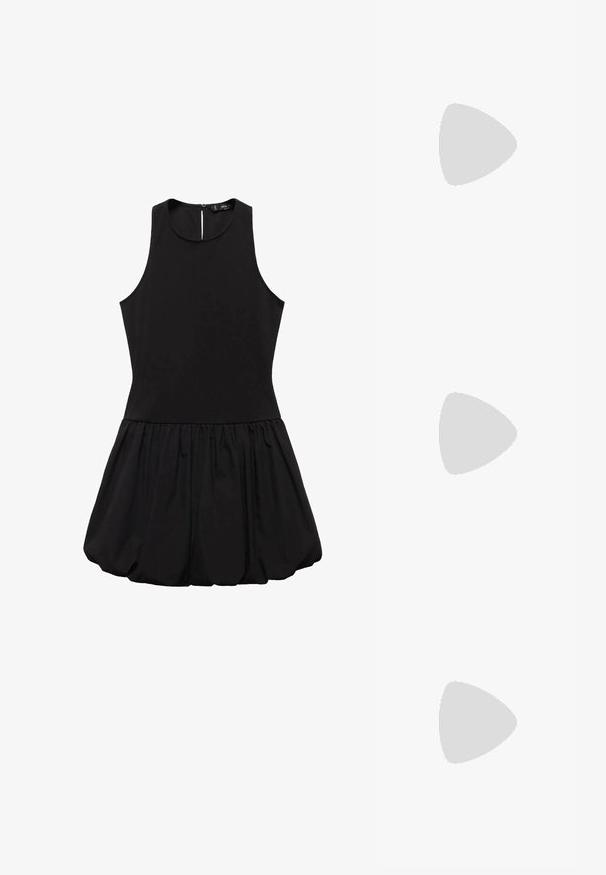 Mango Rochie de zi - black; Sandal cu barete negre, cu vârf pătrat și toc mic de bloc. Prezintă mai multe barete subțiri și o bareta ajustabilă la gleznă. Fabricat din piele netedă.; Ochelari de soare din metal cu lentile ovale, de nuanță maro deschis. Ramă subțire din argint cu accente texturate și vârfuri roșu-maro pe brațe.; Geantă de umăr din piele de vacă maro și crem, cu o bandă din piele netedă, închidere cu fermoar și o suprafață moale, texturată, cu un model natural.