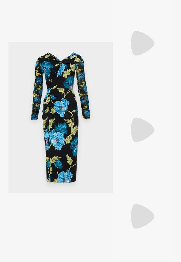 Diane von Furstenberg RICH DRESS - Vapaa-ajan mekko - dark teal; Mustat nahkakengät, joissa on avonainen takaosa ja kärjessä terävä muoto, koristevyöt, joissa on metalliset reiät, sekä matala lohkoepohja. Teksturoitu pinta.; Mustapahkon nahkakäsilaukku, jossa on teksturoitu pinta, suorakulmainen muoto, säädettävä hihna ja metallinen logoelementti edessä.; Selkeä ja meripihkaiset hartsi-renkaat, yksi sileä ja läpinäkyvä, toinen teksturoitu, meripihkan värinen. Molemmat esittelevät pyöristettyjä, massiivisia muotoja.