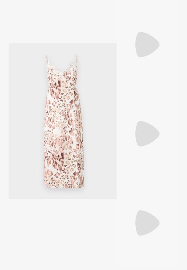 Midi-mekko leopardikuvioinnilla pehmeässä kankaassa, jossa on säädettävät olkaimet ja herkät pitsireunat kaula-aukossa. Värimaailma: beige, ruskea, vaalea vaaleanpunainen.; Mustat flip-flopit, joissa on röpelöinen kumipohja, kaksi hoikkaa remmiä ja hillitty, kohokuvioitu logotyyli remmissä.; Kilpikonnakuosiset aurinkolasit pyöreillä sangoilla, tummat linssit ja kultaiset logodetaljit sangoissa. Sujuva muovimateriaali, ei näkyviä kuvioita.; Tiffany-kellon rengaskorvissa on rivi kirkastakiviä ja jokaisessa roikkuu pyöreä kristallikoru. Kiillotettu metalli, tyylikäs muotoilu.