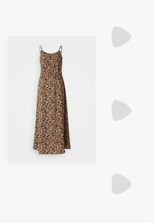 Rochie maxi din material maro cu un model de imprimeu leopard, având bretele subțiri, un brâu elastic și o siluetă fluidă.; Sandale albe cu toc înalt și gros, cu un design cu curele și legătură la gleznă. Textură netedă, cu o platformă frontală pentru înălțime suplimentară.; Ochelari de vedere cu rame pătrate din plastic transparent, dotate cu lentile translucide și accente aurii pe temple pentru un detaliu suplimentar.; Geantă de mână bej din piele cu o formă unică, dotată cu două mânere scurte și o curea lungă ajustabilă. Textură netedă, cu hardware minim.