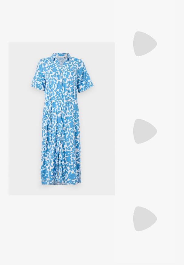 Abito camicia a maniche corte con motivo floreale blu e bianco, caratterizzato da chiusura con bottoni, colletto, cintura in vita e orlo fino al ginocchio. Tessuto con una texture morbida.; T-shirt bianca in cotone con una grande grafica di aragosta rossa brillante sul davanti. Maniche corte e design con colletto rotondo standard.; Sneaker alta in tela bianca con suola in gomma nera, punta in gomma frontale e sei asole per i lacci, caratterizzata da un design pulito e minimalista.; Borsa a tracolla in pelle rossa con un design angolare e geometrico. Presenta una singola tracolla regolabile e una chiusura a patta con dettagli cuciti.