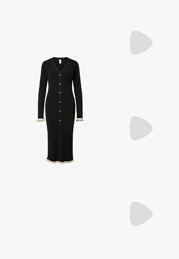 Μακρύ μαύρο πλεκτό ζακέτα με V-λαιμόκοψη, χρυσά κουμπιά σε σχήμα καρδιάς και κρεμ βολάν στα μανίκια και το τελείωμα.; Μαύρο παπούτσι slingback από πατέντο δέρμα με μυτερή μύτη, λουράκια στον αστράγαλο που διαθέτουν ασημένιες αγκράφες και μεταλλικά στοιχεία, και λεπτό τακούνι.; Χρυσή μεταλλική τσάντα χειρός με δομημένο σχέδιο, λεία υφή και ρυθμιζόμενο λουρί. Διαθέτει μοναδικό τριγωνικό σχήμα και μινιμαλιστική ραφή.; Χρυσά σκουλαρίκια με υφή, κυματιστά σχήματα. Περιλαμβάνουν γλυπτικά κλιπ-σε σκουλαρίκια και σχέδιο ανοιχτού σκουλαρικιού με σφυρήλατη επιφάνεια.