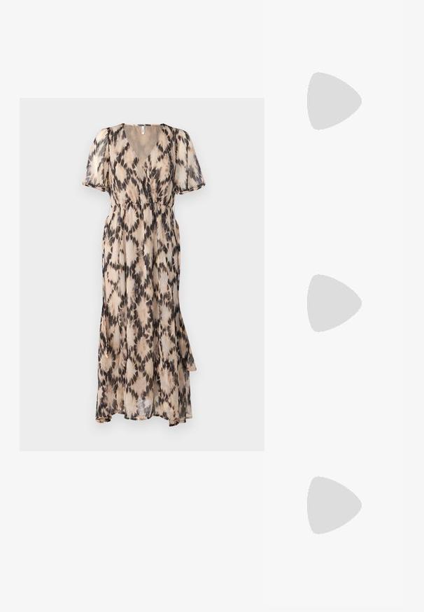 Robe longue beige avec un motif tie-dye noir et marron. Présente un décolleté en V, des manches courtes volantes et une jupe fluide. Tissu léger.; Sandales en cuir noir avec un design à brides croisées, semelle plate et texture lisse. Esthétique minimaliste et monochrome.; Trois paires de lunettes de soleil rectangulaires : une rose, une blanche, une noire. Toutes ont des verres teintés et une monture en plastique brillant.; Sac hobo noir en matériau semblable à du cuir, avec une anse torsadée, arborant une forme douce et arrondie, et une fermeture zippée sur le dessus.