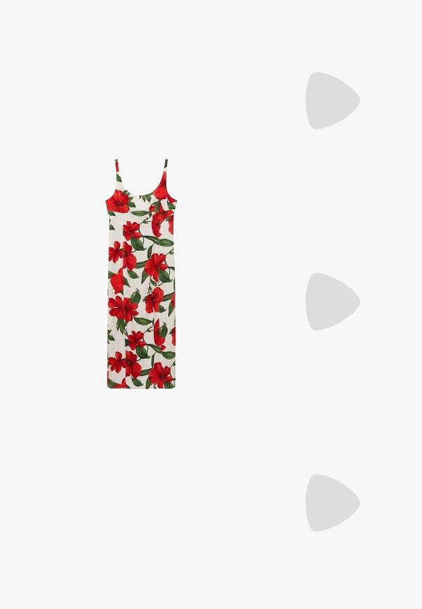 Květinové šaty na ramínka s červenými hibisky na bílém pozadí. Mají tenké ramínka a rovný střih. Lehce látka.; Černé lakované kožené lodičky na podpatku s špičatou špičkou, výřezy na stranách, nastavitelným páskem kolem kotníku a tenkým, elegantním podpatkem.; Sunglasses ve tvaru kočičích očí s matným černým plastovým rámem, tmavými skly a zlatým logem na stranu. Úhlový design a hladká textura.; Kabelka na zápěstí Michael Kors v béžové potažené plátno s opakujícím se vzorem loga MK, zlatými kovovými doplňky a odnímatelným řetízkovým popruhem.