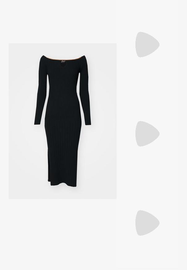 Black ribbed knit dress with off-shoulder neckline, long sleeves, and a side slit. Features a keyhole cutout and orange accent at the collar.; Black leather slingback heels with a pointed toe, featuring a slim heel and a gold-tone accent on the adjustable strap. Smooth texture.; Black leather handbag with a structured design, featuring a cropped shape, top handle, and gold hardware accent. Adjustable shoulder strap included.; Silver metal hoop earrings with a smooth, shiny surface and a structured, rounded design. Features a hinged clasp for secure wear.