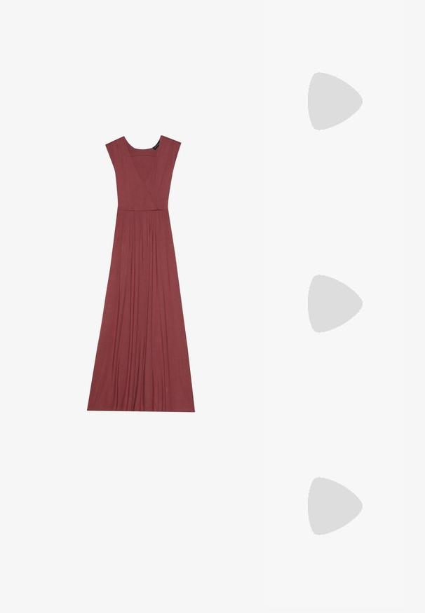 Long, sleeveless dress in muted rose color. Features a V-neck, pleated waistline, and smooth, lightweight fabric. Solid design, no patterns.; Black suede platform sandals with a block heel, featuring criss-cross straps and a buckled ankle strap for secure fit.; Silver metallic clutch with an angular envelope design, smooth texture, and contrasting interior color, held in a hand wearing a black coat.; Silver hoop earrings with a twisted design, featuring a polished finish and post-back closure. Measure approximately 3 cm in diameter.