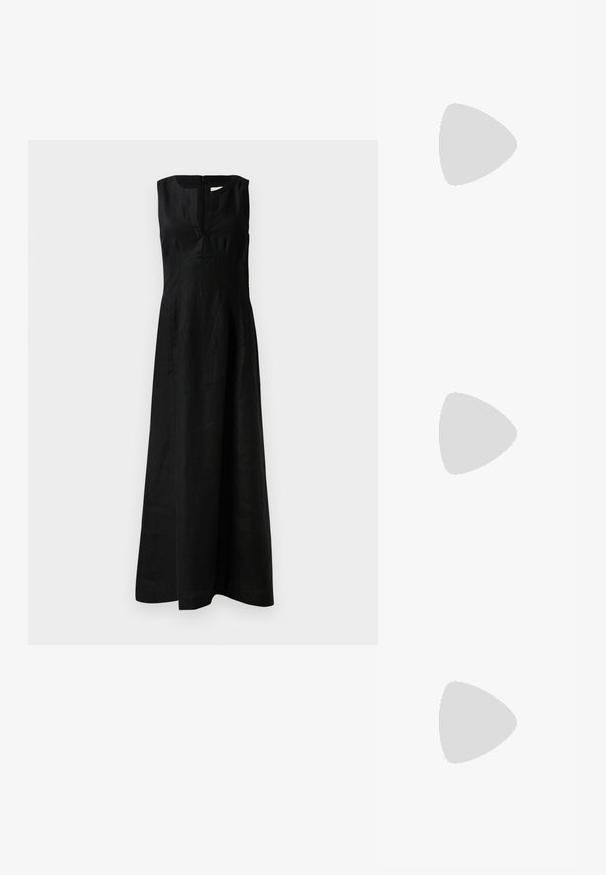 Vestido preto sem mangas com um corpete justo e uma saia esvoaçante, apresentando um detalhe de fecho atrás e uma textura de linho suave.; Chinelo preto com sola de borracha texturizada, duas tiras finas e um detalhe de logotipo discreto em relevo na tira.; Óculos de sol de plástico preto com lentes verdes, armações quadradas, detalhe prateado na sobrancelha e hastes texturizadas. Marca indicada na parte interna da haste.; Bolsa de mão em couro preto com uma forma rectangular estruturada. Apresenta um fecho oval dourado e uma alça para o ombro fina. Textura suave.