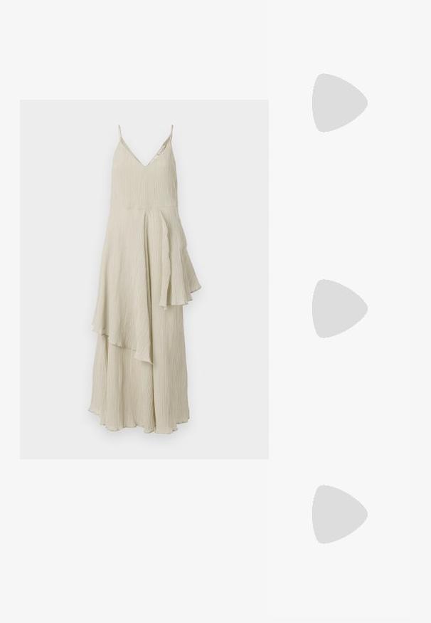 Cream-colored dress with a V-neckline, thin straps, and a flowing, layered design featuring textured pleats and asymmetric hems.; Black patent slingback heel with a pointed toe, featuring textured snake print, adjustable strap, and a short, textured block heel.; Black leather crossbody bag with two front pockets, gold buckles, zipper closure, and a slim strap. Textured surface and compact rectangular shape.; Gold-tone metal hoop earrings with a curved, elongated shape. Features a smooth, shiny surface and a rounded tip for added detail.