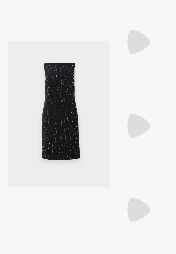 Mustmustritus mustriga, millel on täielik metallist hõbedaste niitide ja väikeste kaunistustega muster, mis loob tekstuurse ja dünaamilise välimuse.; Must musta t-särk, millel on graafiline trükk kahest karikatuurikujudest prillidega, koos tekstiga "KARL" paksude tähtedega.; Must musta slingback kontsad, terava nina, peenike konts ja dekoratiivne pandla detail peal. Sile tekstuur ja stiilne disain.; Mustriga musta ja valgega käekott, millel on struktureeritud kuju, pehme käepide, eemaldatav ahelriba ja metallist logo aktsent.