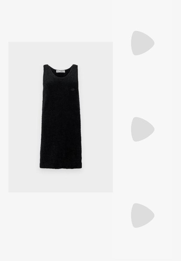 Black, sleeveless dress made of soft, textured material. Features a round neckline and a small logo on the front. Simple, straight design.; Black patent slingback heel with a pointed toe, featuring textured snake print, adjustable strap, and a short, textured block heel.; Black leather crossbody bag with two front pockets, gold buckles, zipper closure, and a slim strap. Textured surface and compact rectangular shape.; Black braided cord necklace featuring a polished gold heart pendant with smooth curves and a glossy finish.