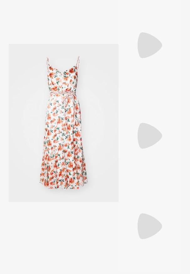Alice + Olivia LISSA COWL GODET MIDI DRESS - Rochie de zi - off white; Sandal transparentă din plastic, cu un model în rețea, vârf rotunjit și un mic accent argintiu pe curea. Talpă flexibilă de culoare translucidă.; Ochelari de soare din material tortoise cu lentile verzi, în formă ovală, având accesorii cu logo auriu pe lateral și o finisare netedă și lucioasă.; Tory Burch ROMY PEBBLED SATCHEL - Geantă de mână - tiramisu