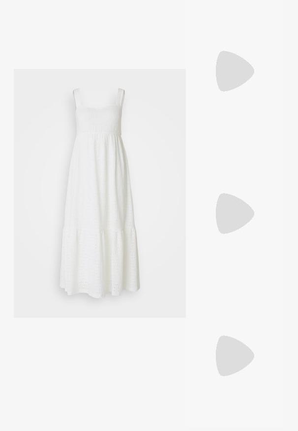 Bela bombažna obleka z nastavljivimi naramnicami, vzorcem odprtih oči, prilega se zgornjemu delu telesa in ima večplastni rob. Je lahkotna, zračna in do kolen dolga.; Svijetloružičaste slingback balerinke s šiljastim nožnim prstima, napravljene od glatkog materijala nalik koži. Imaju izrezane detalje sa strane i ravne pete.; Prozorne kvadratne plastične očala s prozornimi lečami, ki imajo zlato dekoracijo na ročajih za dodaten pridih podrobnosti.; Bela usnjena torba s strukturirano zasnovo, opremljena z magnetnim zapiranjem in naramnico, prikazana na nevtralni ozadju.