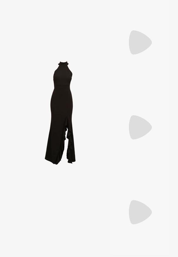 Schwarzes Halterneck-Kleid mit engem Oberteil und ausgestelltem Rock, der vorne mit einem rüschengeschmückten Schlitz versehen ist. Aus glattem Stoff gefertigt.; Schwarze Lackleder Slingback-Pumps mit spitzem Zeh, ausgeschnittenen Seiten, verstellbarem Knöchelriemen und einem dünnen, eleganten Absatz.; Cat-Eye-Sonnenbrille mit mattem schwarzen Kunststoffrahmen, dunklen Gläsern und einem goldenen Logoplatz auf dem Bügel. Winkeliges Design und glatte Oberfläche.; Michael Kors Clutch in beige beschichtetem Canvas mit einem wiederholten MK-Logo-Muster, goldfarbener hardware und einem abnehmbaren Kettenriemen.