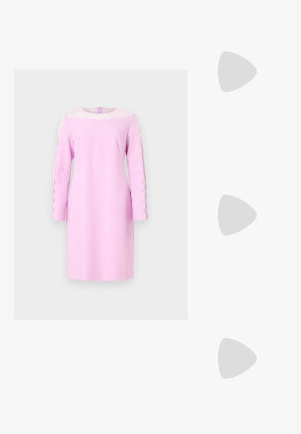 Robe rose à manches longues avec des découpes festonnées sur les épaules. Texture lisse et design structuré. Encolure ronde et fermeture éclair.; Des sandales noires à talons hauts avec des fines lanières au design noué, un bout carré lisse et un talon aiguille élégant.; Sac à main en métal gris clair avec une bandoulière en chaîne, orné de petits clous métalliques ronds et d'un logo de marque triangulaire.; Boucles d'oreilles en argent avec une finition lisse et brillante. Forme arrondie, conception légère, avec un fermoir à tige.