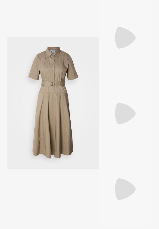 Khaki belted shirt dress featuring a collar, short sleeves, button closure, and a flowing skirt with subtle pleats. Smooth cotton fabric.; Black pointy-toed slingback shoe with a low heel, featuring smooth leather material and cut-out design on the side for breathability.; Black leather shoulder bag with a soft texture, triangular shape, and adjustable strap, paired with a light blue striped shirt and white pants.; Three metal rings: one rose gold, one gold with textured accents, and one silver, all with engraved branding on the inner band.