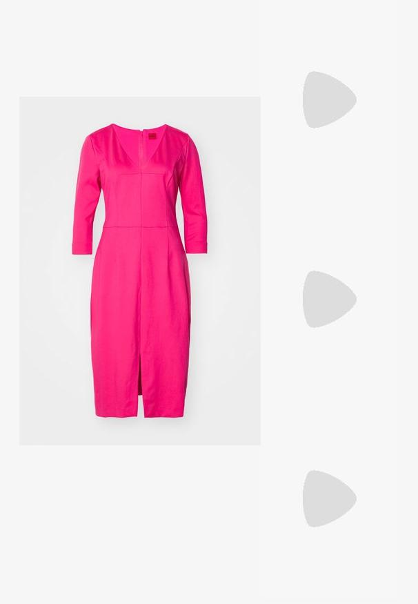 Fuchsia dress with three-quarter sleeves, V-neckline, tailored fit, knee-length, featuring a front slit and diagonal seams for structure.; Athletic shoes with a gradient pink upper, black accents, and a chunky sole featuring visible green cushioning bubbles. Worn with blue denim pants.; Silver sunglasses with a sleek, wraparound design. Clear lenses and textured black accents on the arms. Lightweight plastic material.; Silver hoop earrings featuring rectangular and triangular clear crystals arranged in a circular pattern with a central post for fastening.