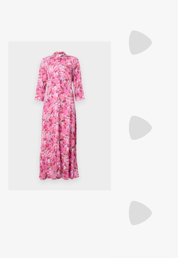 Lang, knappet kjole i et rosa blomstermønster. Den har krage, lange ermer og en løs passform. Laget av lett stoff.; Svart patentlær slingback høyhælte sko med spiss tå, rektangulær blokkhel og detaljer i gullfarge.; Sorte rektangulære solbriller med mørkt tonede linser, tykk plastramme og brede stenger. Glatt overflate og vinklet design.; Bordeaux lærhåndveske med et mykt, samlet design og avrundet form. Håndtaket er festet, og viser en glatt tekstur.; Bordeaux lærhåndveske med et mykt, samlet design og avrundet form. Håndtaket er festet, og viser en glatt tekstur.