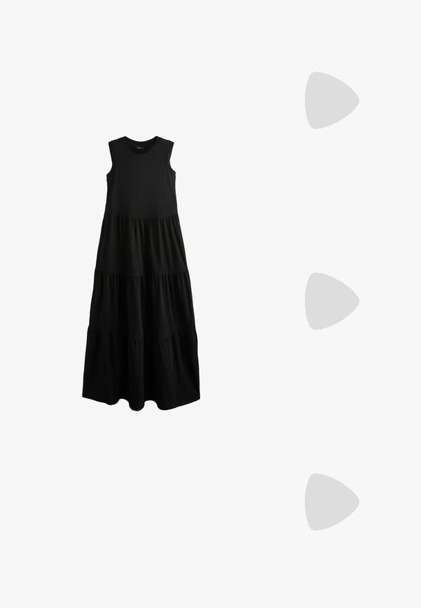 Next SLEEVELESS CREW NECK TIERED - Rochie din jerseu - pitch black; Top negru fără mâneci, cu un gât înalt, dintr-un material ușor, cu o croială lejeră și un tiv asimetric, mai lung în spate.; Adidași negri din pânză cu șireturi albe, vârf alb din cauciuc și o talpă medie groasă albă. Prezintă cusături subtile albe și o talpă din cauciuc.; Ochelari de soare negri, cu lentile întunecate și rame groase mate. Brațele sunt ușor conice, cu o textură netedă.