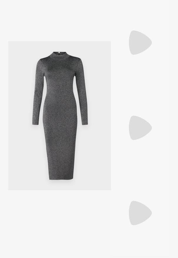 Robe à manches longues et col montant, au silhouette ajustée, fabriquée en tissu noir scintillant avec un subtil éclat, tombant juste en dessous des genoux.; Escarpin slingback en vernis noir avec un bout pointu, présentant un imprimé serpent texturé, une sangle réglable et un petit talon bloc texturé.; Sac en cuir noir porté en travers avec deux poches avant, boucles dorées, fermeture zippée et une sangle fine. Surface texturée et forme rectangulaire compacte.; Boucles d'oreilles avec clou en métal doré et design torsadé. Chaque boucle d'oreille est dotée d'un arrière transparent circulaire pour un port sécurisé.