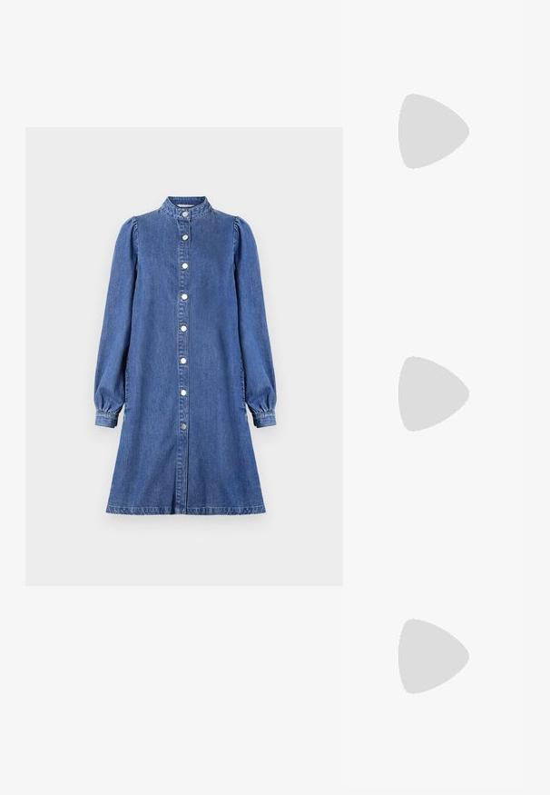 Denim dress with a high neck, long puff sleeves, and front button closure. Features a regular fit and solid dark blue color.; White cotton t-shirt featuring a large, bright red lobster graphic on the front. Short sleeves and standard crew neck design.; White high-top canvas sneaker with black rubber sole, front rubber toe cap, and six eyelets for laces, featuring a clean, minimalist design.; Red leather handbag with an angular, geometric design. Features a single adjustable strap and a flap closure with stitched detailing.