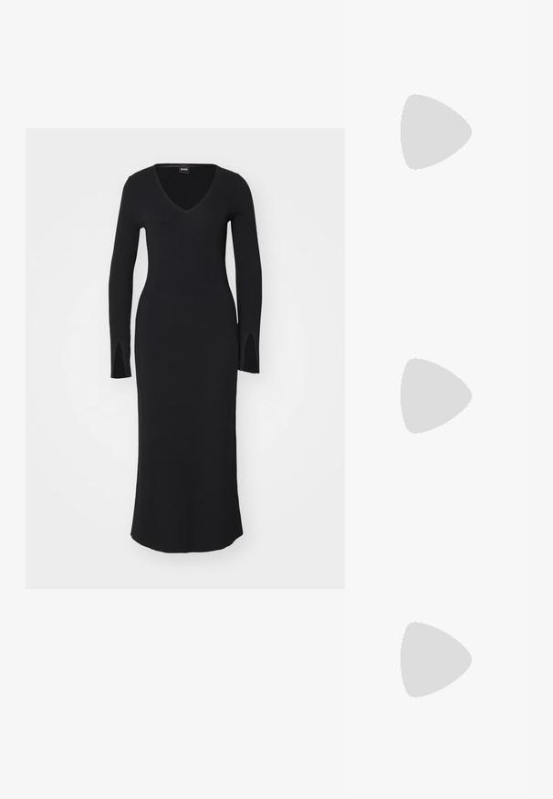 Black ribbed knit dress with a V-neck, fitted bodice, long sleeves, and side slits. Floor-length, smooth texture, minimalistic design.; Black flat shoes with a soft, textured upper, featuring two adjustable straps and a rounded toe design, mounted on a flat rubber sole.; Black sunglasses with angular, cat-eye design. Silver mirrored lenses. Slim, lightweight plastic frames with subtle branding on the temples.; Silver metal earrings with a smooth, teardrop shape and a polished finish. Subtle engravings add detail. Minimalist design.