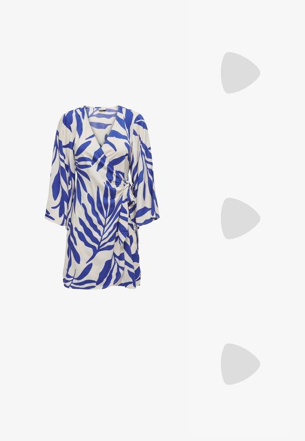 Blue and white wrap dress, featuring leaf patterns, V-neckline, three-quarter sleeves, tied side detail, and a flowy silhouette.; Black patent heeled sandals with a square toe, ankle straps, and silver buckles. Features a chunky block heel for stability.; Oval glasses with a metallic silver frame, clear lenses, and textured beaded temple accents. Lightweight design with curved arms.; Black leather handbag with a curved shape, detachable strap, and gold hardware. The bag features a flap with a buckle detail.
