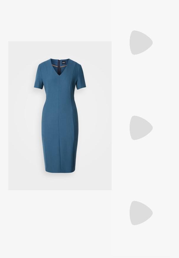 Blue fitted dress with short sleeves, V-neckline, and a back zipper. Smooth texture, knee-length with a tailored silhouette and seam detailing.; Black pointy-toed slingback shoe with a low heel, featuring smooth leather material and cut-out design on the side for breathability.; Black leather handbag with a structured design, featuring a cropped shape, top handle, and gold hardware accent. Adjustable shoulder strap included.; Silver metal hoop earrings with a smooth, shiny surface and a structured, rounded design. Features a hinged clasp for secure wear.