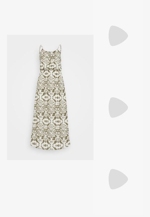 ONLY Petite ONLNOVA LIFE STRAP DRESS - Maksi suknelė - kalamata; Plokščia šlepetė su plačia pynimo juostele, puošta spalvingais akcentais ir tekstūruotu dizainu, smėlio spalvos padu ir lygiu rudos spalvos padu.; Apskriti saulės akiniai su tamsiais objektyvais ir auksiniais rėmeliais. Modelis vilki šviesiai mėlyną, raukinį kardiganą su mygtukais ir kontrastingomis baltomis rankovėmis.; Michael Kors rankinė smėlio spalvos dengto kanvoje su pakartotiniu MK logotipo raštu, auksinėmis detalėmis ir nuimamu grandininiu dirželiu.