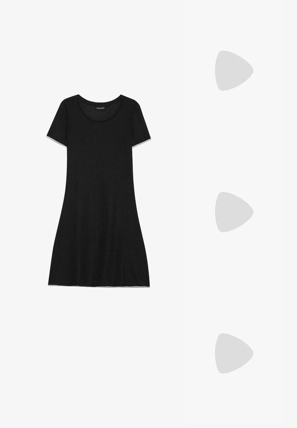 Black short-sleeve dress with a round neckline, made from ribbed fabric. Features a straight cut and subtle trim at sleeve edges.; White cotton t-shirt featuring a large, bright red lobster graphic on the front. Short sleeves and standard crew neck design.; White high-top canvas sneaker with black rubber sole, front rubber toe cap, and six eyelets for laces, featuring a clean, minimalist design.; Red leather handbag with an angular, geometric design. Features a single adjustable strap and a flap closure with stitched detailing.