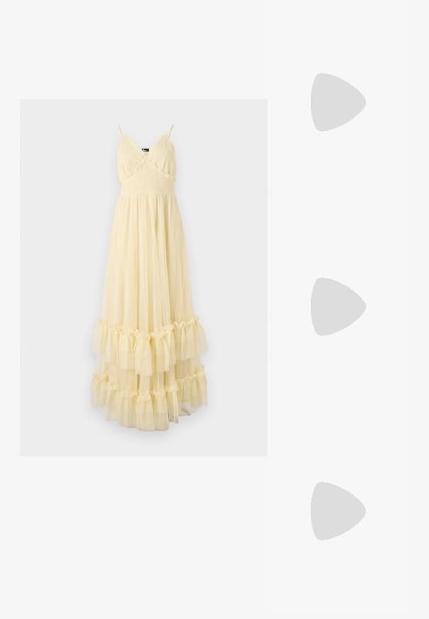 The Kooples ROBE - Rochie de zi - light yellow; Pantofi cu toc slingback negri din patent, cu vârf ascuțit, cu imprimeu de șarpe texturat, curea ajustabilă și toc scurt texturat.; Plică din piele neagră cu o curea din lanț auriu, având o textură netedă, formă rectangulară și o marcă embosată pe față.; Cercei aurii care prezintă un cristal clar, rectangular, suspendat sub un rând de accente mici, rotunde, clare. Design elegant și modern.