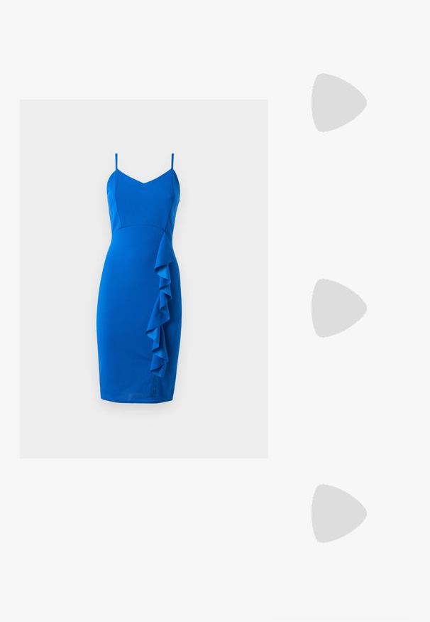 Blue fitted dress with spaghetti straps, v-neckline, and a cascading ruffle detail on the left side. Made from smooth, stretch fabric.; Pointed-toe high heel shoe with a silver, gold, and nude color scheme. Glossy finish with cutout design, featuring a stiletto heel.; Silver metallic pouch bag with a soft, rounded shape and a knotted top closure. Made from smooth faux leather material.; Silver hoop earrings with a twisted design, featuring a polished finish and post-back closure. Measure approximately 3 cm in diameter.