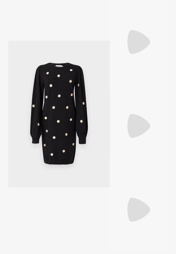Black long-sleeve dress with gold polka dots, ribbed cuffs, and a round neckline, displayed on a plain light gray background.; Pointed-toe high heel shoe with a silver, gold, and nude color scheme. Glossy finish with cutout design, featuring a stiletto heel.; Silver metallic pouch bag with a soft, rounded shape and a knotted top closure. Made from smooth faux leather material.; Silver hoop earrings with a twisted design, featuring a polished finish and post-back closure. Measure approximately 3 cm in diameter.