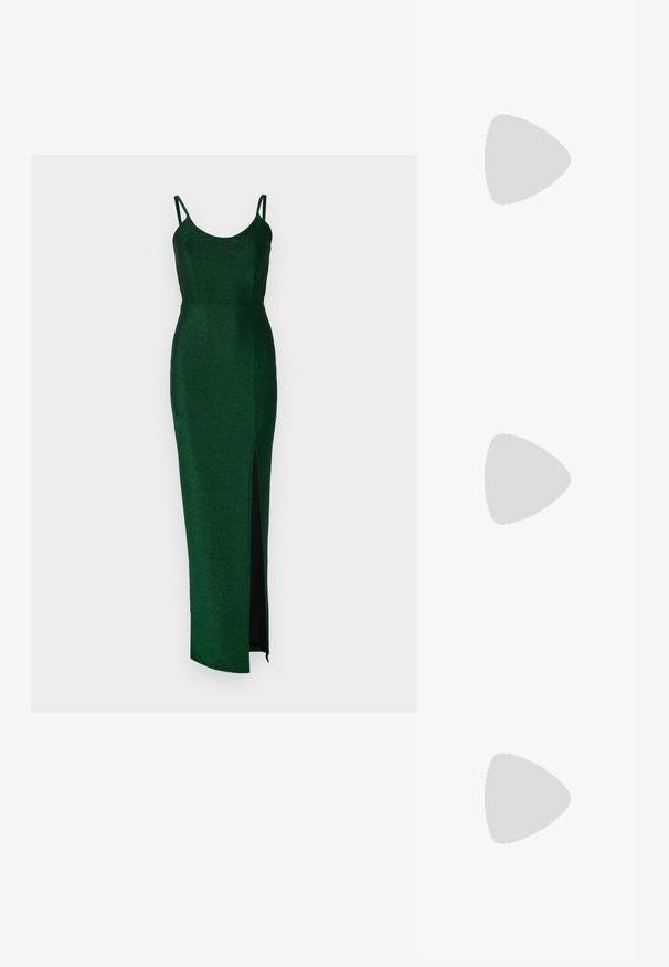 WAL G TALL BRENDA STRAPPY GLITTER  - Kokteiļkleita/ballīšu kleita - forest green; ALDO CRERIDE PILLOW WALK - Sandales - beige; Melnas ādas saķeres soma ar atloku un zelta metāla sprādzi. Ietver melnu siksnu un elegantu, minimālistisku dizainu.; Zelta auskari ar gludu, spīdīgu apdari. Apaļš dizains, kas ietver mazu tapu un caurspīdīgu pamatni drošai valkāšanai.