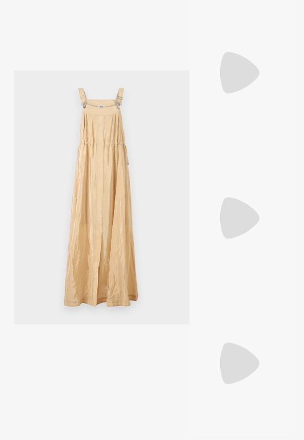 Long, sleeveless beige dress with shiny, crinkled texture. Features adjustable shoulder straps and a gathered waist for a relaxed fit.; Black leather slingback heels with a pointed toe, featuring a slim heel and a gold-tone accent on the adjustable strap. Smooth texture.; Black leather handbag with a structured design, featuring a cropped shape, top handle, and gold hardware accent. Adjustable shoulder strap included.; Silver hoop earrings with a smooth, curved design. Features a shiny metallic finish and stud closure. No visible patterns or accents.