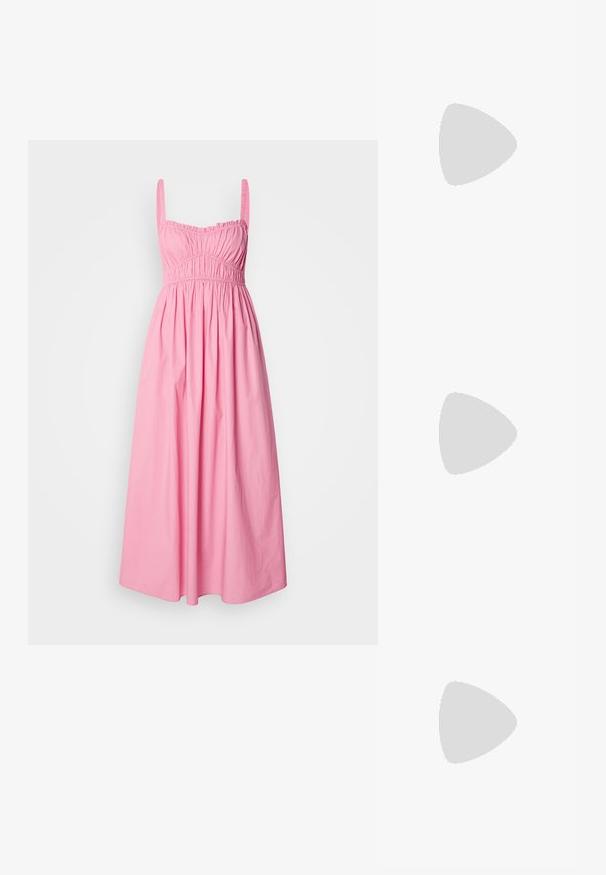 Rochie lungă roz din bumbac, cu un corset plisat, bretele subțiri și o fustă fluidă pentru o potrivire confortabilă.; Sandale slingback din piele neagră cu vârf ascuțit, având un toc subțire și un accent de culoare aurie pe curea ajustabilă. Textură netedă.; Geantă de umăr din piele neagră cu un design geometric, bază plată și un strap scurt. Prezintă un mic detaliu din metal auriu.; Cercei cercei de tip hoop de culoare aurie, cu un design neted și curbat. Fabricate din metal, având un finisaj elegant și închidere cu tijă.