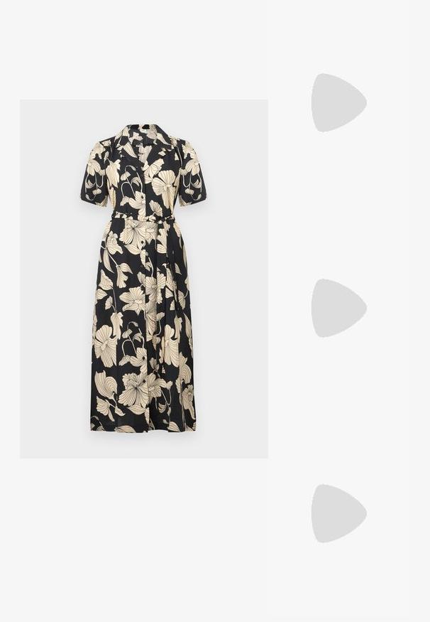 Robe noire à fleurs avec des manches courtes, un col, une taille ceinturée et un devant à boutons. Présente de grands motifs floraux beiges sur l'ensemble.; Chaussure slingback en cuir verni noir avec un embout pointu, des brides de cheville avec des boucles en argent et des éléments en métal, et un talon fin.; Sac à main en métal doré avec un design structuré, texture lisse et bandoulière ajustable. Présente une forme triangulaire unique et des coutures minimalistes.; Boucles d'oreilles dorées présentant des formes texturées et ondulées. Comprend des clips sculpturaux et un design de créoles ouvertes avec une finition martelée.