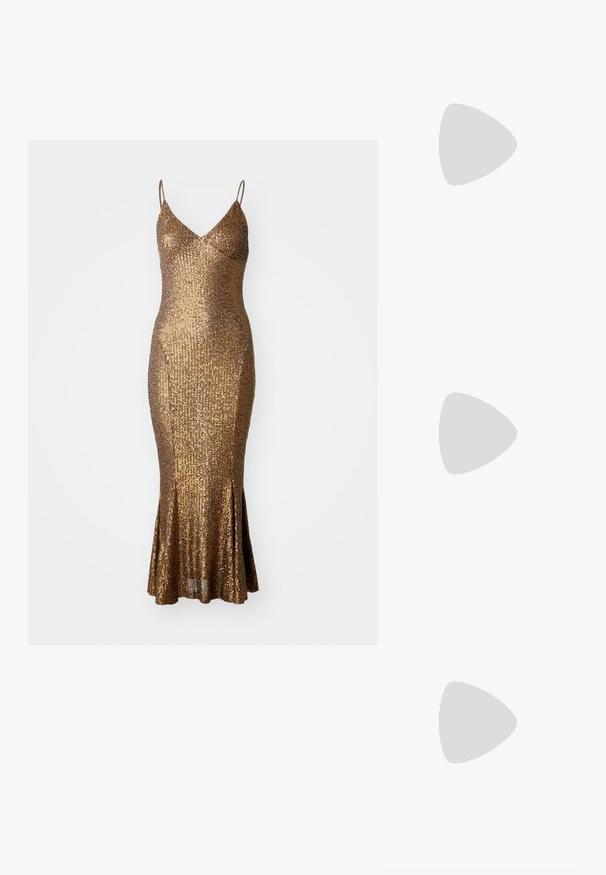 Zlatna haljina s rhinestonesima koja ima uski kroj, naramenice i raskošni rub. Teksturna površina odražava svjetlost, čime se pojačava sjaj.; Smeđa kožna cipela do gležnja sa četvrtastim vrhom, teksturiranim finišem i niskim složenim potpeticom. Ima stražnju petlju za navlačenje i suptilne detalje šivanja.; Smeđa torba od kože s embosiranim krokodilskim uzorkom, cilindričnog oblika, zlatne hardverske detalje i odvojivu naramenicu sa čavlima.; Rabanne XL LINK  DOUBLE HOOP EARRINGS - Naušnice - gold-coloured