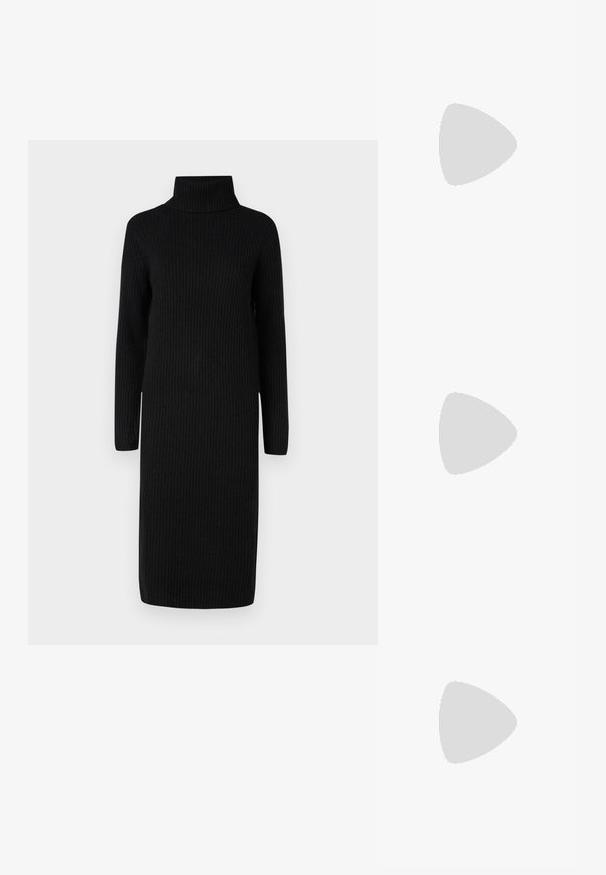 Črna rebrasta pletena obleka z visokim ovratnikom, dolgimi rokavi in ravno silhueto. Tkanina se zdi mehka z teksturiranim vzorcem.; Črne lakirane slingback pete s koničastim nosom in geometrijsko blokasto peto. Imajo eleganten, minimalističen dizajn in gladko teksturo.; Črna usnjena torbica s ukrivljeno obliko, z odstranljivo naramnico in zlatimi dodatki. Torbica ima pokrov s podrobnostmi v obliki zaponke.; Zlato obarvan kovinski zapestnica s tekočim, ukrivljenim dizajnom. Ima majhen, izstopajoč srebrn poudarek na enem koncu.