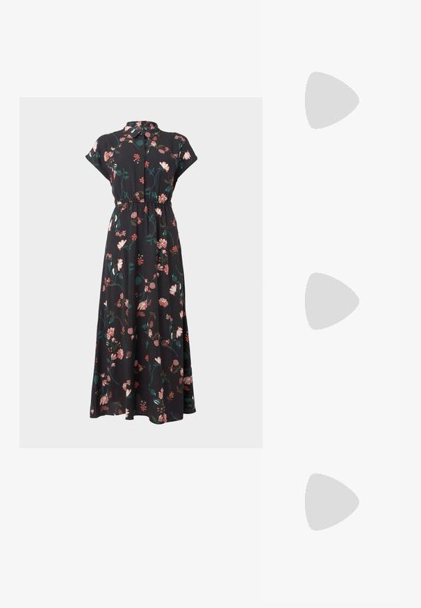 Robe noire à motifs floraux avec des manches courtes, un devant boutonné, une taille cintrée et des motifs floraux variés en rose et en vert.; Chaussure à talon aiguille à bout pointu avec un schema de couleurs argent, or et nude. Fini brillant avec un design découpé, dotée d'un talon stiletto.; Pochette en métal argenté avec une forme douce et arrondie et un fermoir en haut noué. Fabriquée en simili cuir lisse.; Boucles d'oreilles en argent en forme de créoles avec un design torsadé, dotées d'une finition polie et d'une fermeture à poussoir. Mesurent environ 3 cm de diamètre.