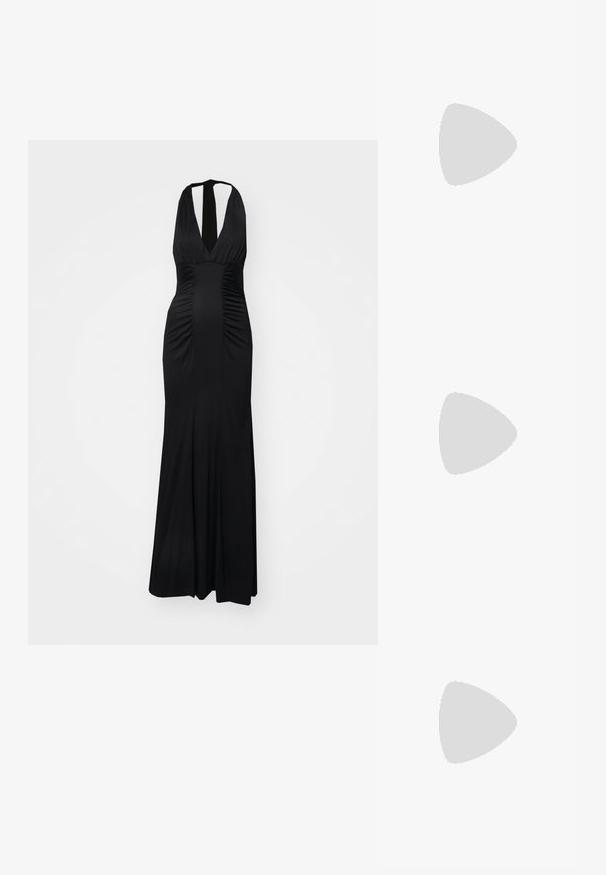 Diane von Furstenberg MAKAYLA DRESS - Obleka iz džersija - black; Črne usnjene sandale središnje zaponke z ostro konico, okrasnimi trakovi z kovinskimi očesi in nizko blokasto peto. Teksturirana površina.; Temno rjava usnjena torba s trdnimi ročaji, z zategnjenim vrhom in zlatim gumbom za zapiranje. Teksturirana površina z minimalnimi poudarki.; Zlate uhane v obliki obroča z gladkim, zaobljenim dizajnom in sijajno obdelavo. Uhane odlikuje kompaktna, debela oblika in brezšivna sponka.