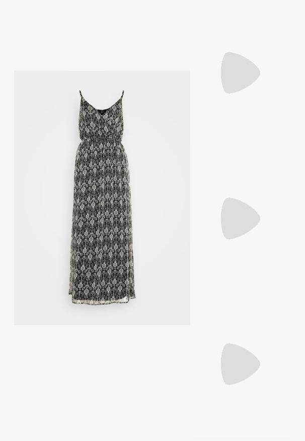 Robe maxi en noir et blanc, fabriquée en tissu léger. Dotée d'un motif floral avec de fines bretelles et une ceinture froncée pour la forme.; Sandales à plateforme noires avec des fines lanières croisées et une boucle carrée. Texture lisse et un large talon épais pour plus de stabilité.; Trois paires de lunettes de soleil rectangulaires : une rose, une blanche, une noire. Toutes ont des verres teintés et une monture en plastique brillant.; Sac hobo noir en matériau semblable à du cuir, avec une anse torsadée, arborant une forme douce et arrondie, et une fermeture zippée sur le dessus.; Boucles d'oreilles en métal doré en forme de cerceau avec un design circulaire lisse et une fermeture à charnière sécurisée. Légères avec une finition polie.
