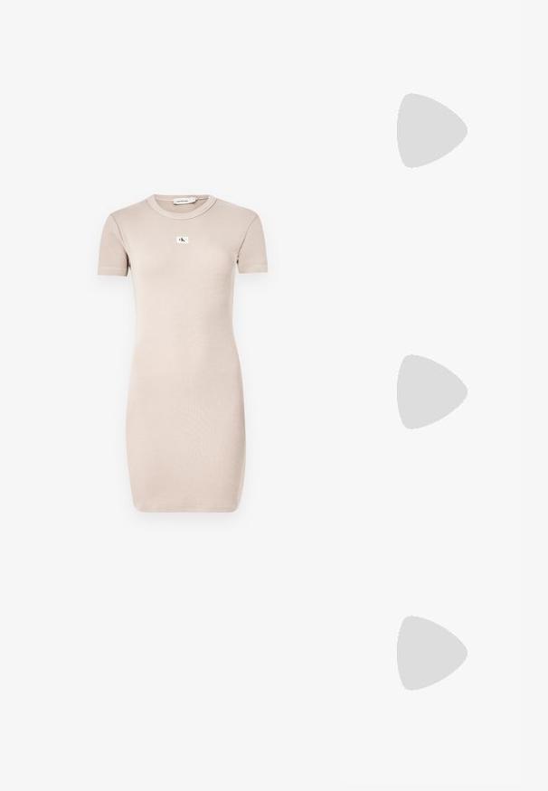 Beige ribbed dress with short sleeves and a fitted design. Features a small logo tag centered on the chest. Smooth texture.; White leather sneakers with a thick white sole, black suede heel accent, and embossed logo on the side. Laced design with six eyelets.; Black oversized sunglasses with a geometric shape, featuring dark lenses and a contrasting grey detail on the frame. Logo on the arm.; Silver hoop earrings with a smooth, shiny finish. Rounded shape, lightweight design, featuring a post-back closure.