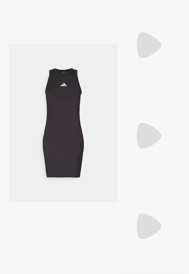 Črna brezrokavna obleka iz mehkega materiala. Ima prilagojeno obliko in bel Adidasov logotip na prsih. Ravna obrobe.; Črne usnjene sandalske pete s oblikovanim prstom, ki vključujejo dekorativne trakove in očične detajle, na zmerni stiletto peti. Gladka tekstura.; Črna usnjena torba za ramo s ukrivljeno obliko, sijoč srebrni okov, in snemljiva oznaka. Gladka tekstura z diskretno šivnimi detajli.; Zlatov chronatost ovratnik, ki vključuje nepravilno teksturirane povezave z Y-oblikovanim spuščanjem, poudarjeno s centralnim obeskom, ki spominja na plasteh kovancev.