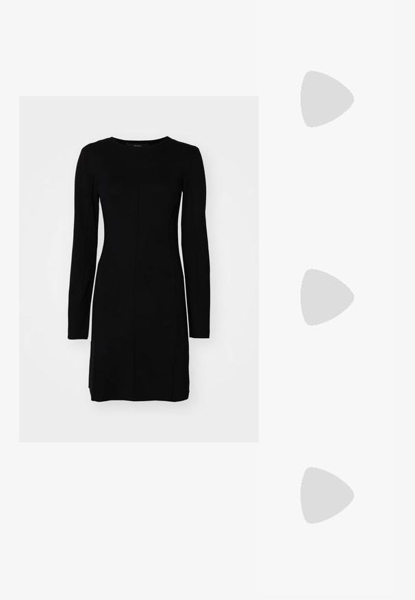 Black long-sleeve dress made of ribbed fabric. Features a fitted silhouette, round neckline, and central seam detail.; Brown leather cowboy boots with a pointed toe and a high block heel. Features embossed designs and a tall shaft.; Brown tortoiseshell sunglasses with a vintage cat-eye shape and brown lenses. Features curved arms with red accents.; Black leather handbag with a rounded shape, textured surface, gold hardware accents, and a zip closure. Logo displayed at the bottom.