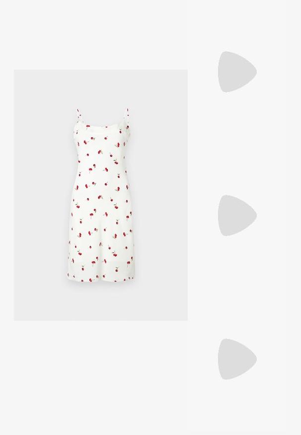 Une robe blanche avec un motif de cerises, dotée de fines bretelles et d'une coupe aux genoux. Fabriquée en tissu doux et lisse. Design et motif simples.; T-shirt en coton blanc avec un grand graphisme de homard rouge vif sur le devant. Manches courtes et design à col rond standard.; Baskets montantes en toile blanche avec semelle en caoutchouc noir, capuchon en caoutchouc à l'avant, et six œillets pour les lacets, présentant un design épuré et minimaliste.; Sac à main en cuir rouge avec un design angulaire et géométrique. Il dispose d'une seule sangle ajustable et d'une fermeture à rabat avec un detailing cousu.
