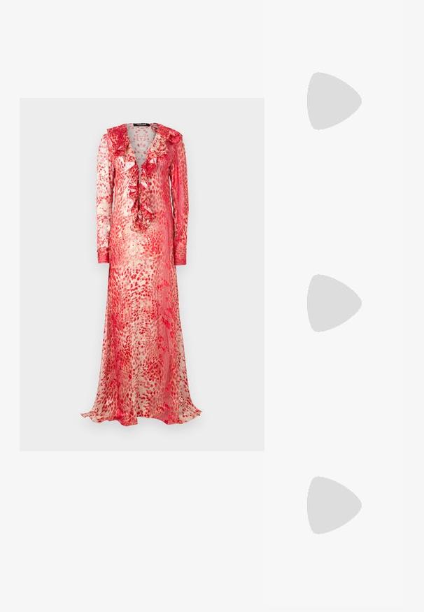 Long, sheer dress with a ruffled neckline in red and cream abstract pattern. Features long sleeves and a tie detail at the front.; White ribbed tank top with a round neckline and a metal accent detail on the shoulder. Soft texture, fitted design, and sleeveless style.; Puffer jacket with a brown and black pattern, paired with a brown snake print mini skirt, black knee-high boots, and a small black bag.; Black leather handbag with a curved design, featuring silver studs, a buckle, and two side pockets. Adjustable strap for carrying options.